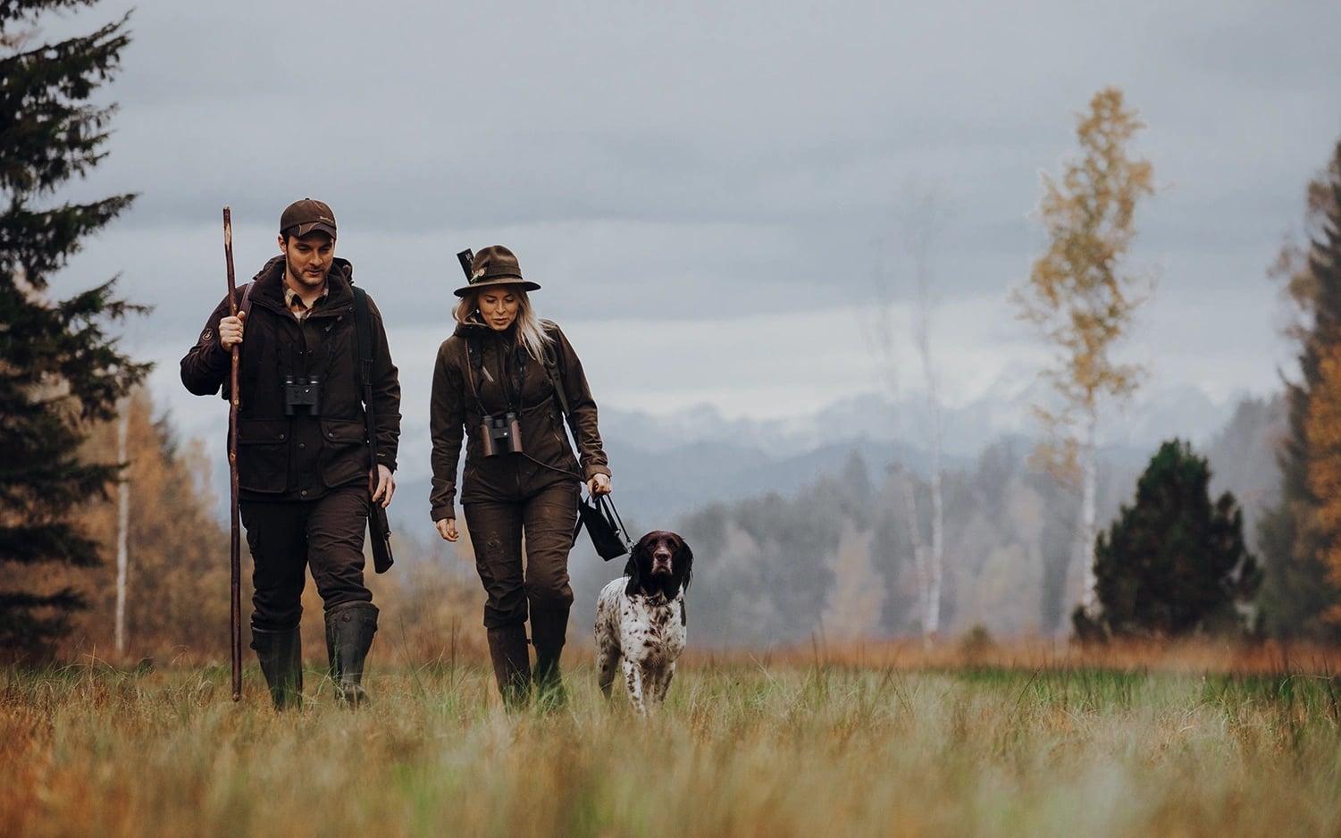Hunting, hunter, rifle, dog, clearing