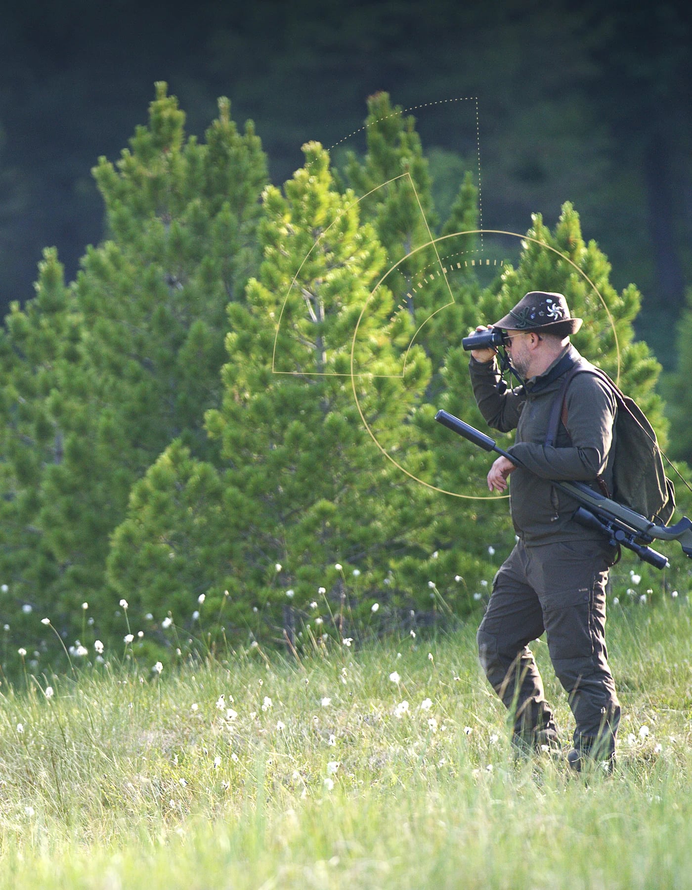 Hunting scene, clearing, rifle with scope, binoculars